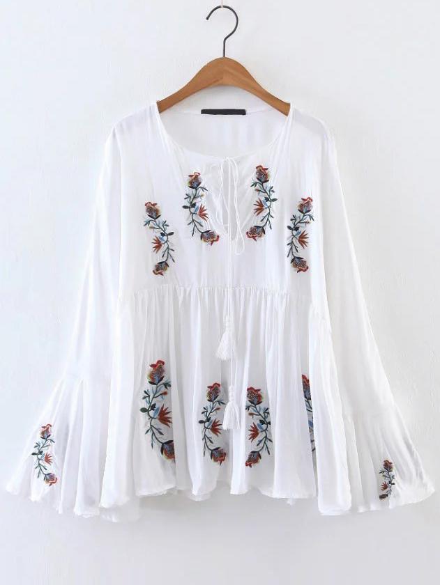 Romwe White Flower Embroidery Bell Sleeve Tassel Tie Blouse