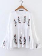Romwe White Flower Embroidery Bell Sleeve Tassel Tie Blouse