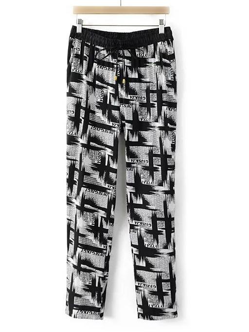 Romwe Black And White Drawstring Waist Printed Pocket Pants