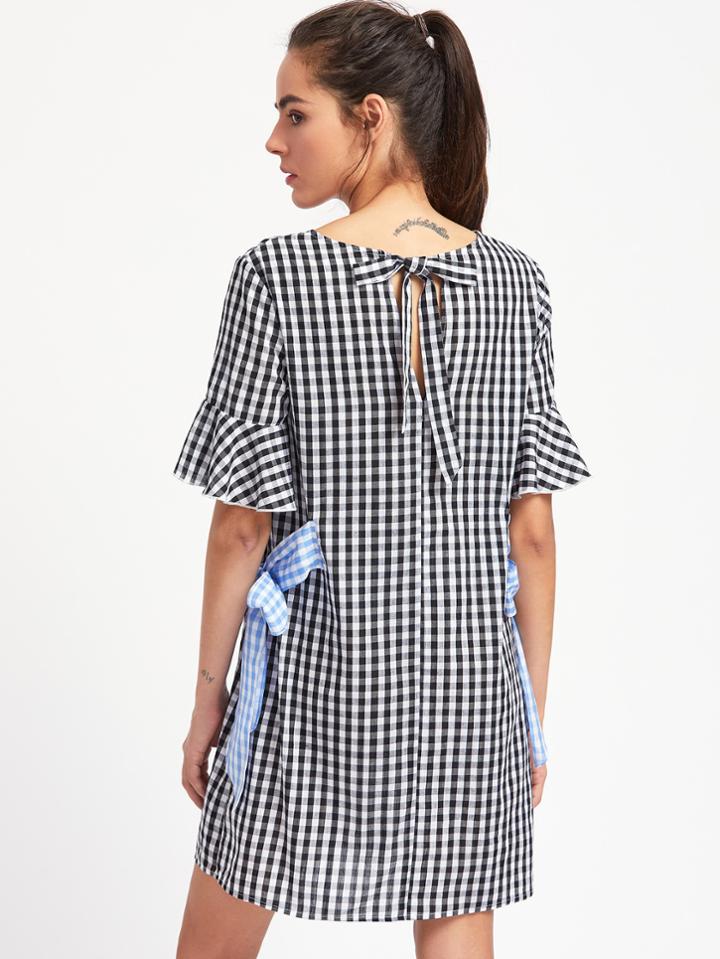 Romwe Fluted Sleeve Gingham Dress With Contrast Side Tie