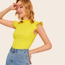 Romwe Neon Yellow Frill Trim Top