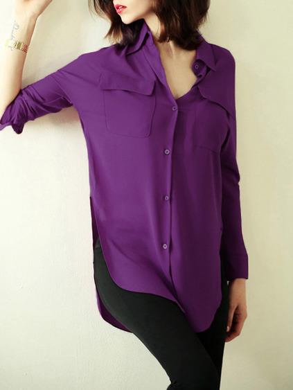 Romwe Purple Lapel Split Pockets Blouse
