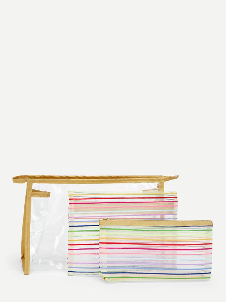 Romwe Mixed Lines Print Pvc Makeup Bag