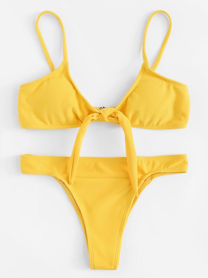 Romwe Rib Knot Front Bikini Set