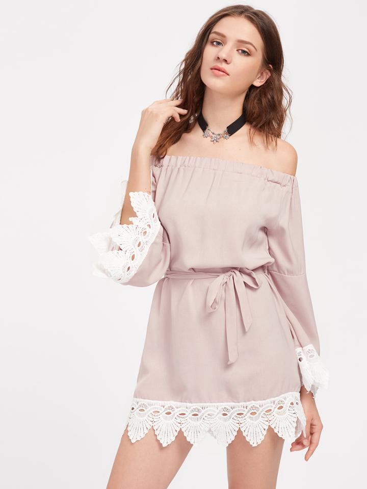 Romwe Off Shoulder Lace Hem Dress With Belt