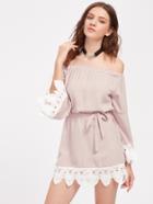 Romwe Off Shoulder Lace Hem Dress With Belt