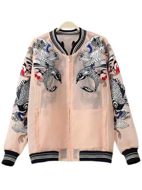 Romwe Pink Pockets Fish Embroidery Organza Jacket
