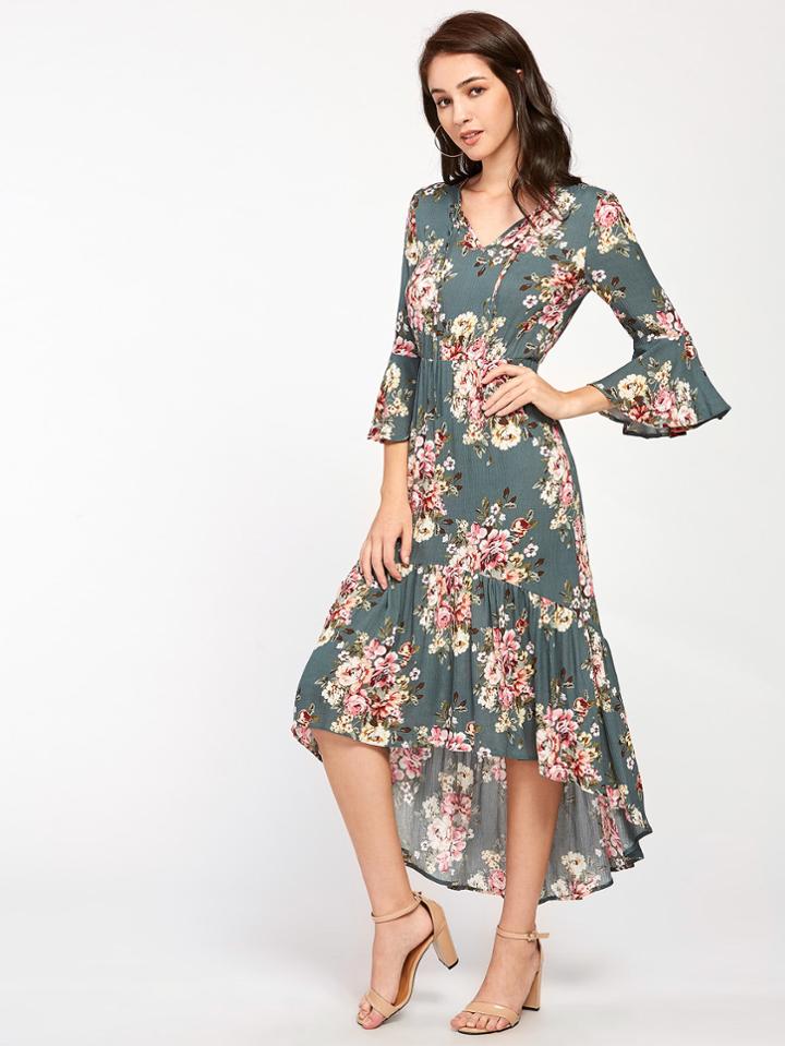 Romwe Tie Neck Bell Sleeve Flounce Dip Hem Dress