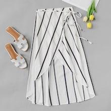 Romwe Striped Knot Side Wrap Skirt