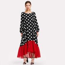 Romwe Contrast Ruffle Hem Polka Dot Hijab Long Dress