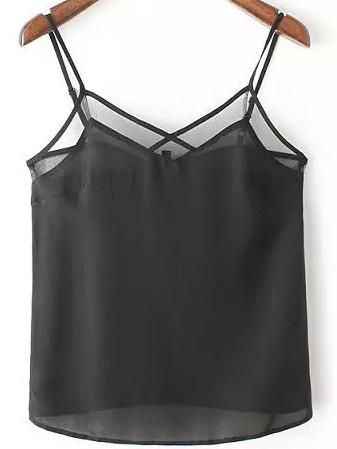 Romwe Spaghetti Strap Mesh Insert Black Cami Top