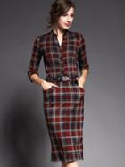 Romwe Multicolor V Neck Length Sleeve Drawstring Pockets Dress