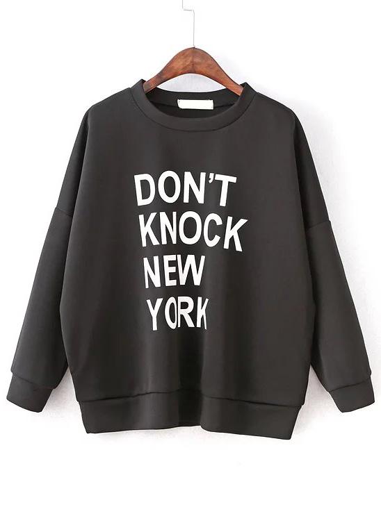 Romwe Black Letter Print Drop Shoulder Seam Sweatshirt
