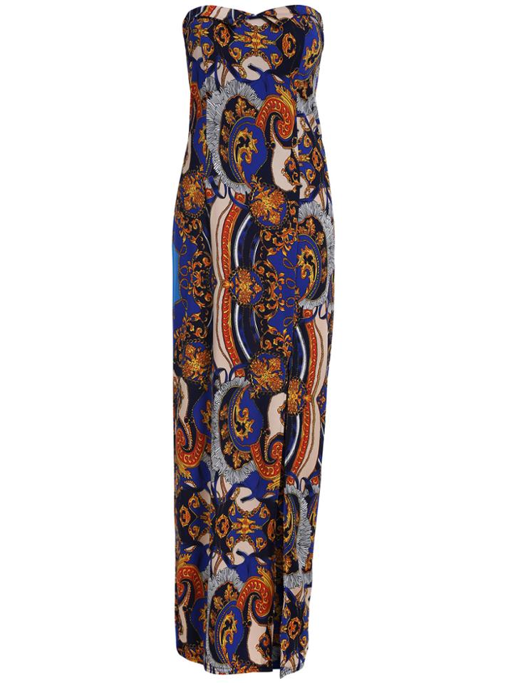 Romwe Strapless Vintage Print Split Dress