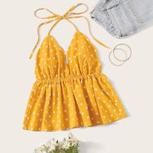 Romwe Polka Dot Ruched Peplum Halter Top
