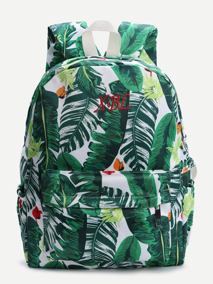 Romwe Green Leaf Print Canvas Backpack