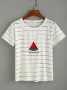 Romwe White Striped Watermelon Embroidered T-shirt