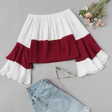Romwe Flounce Sleeve Color Block Blouse