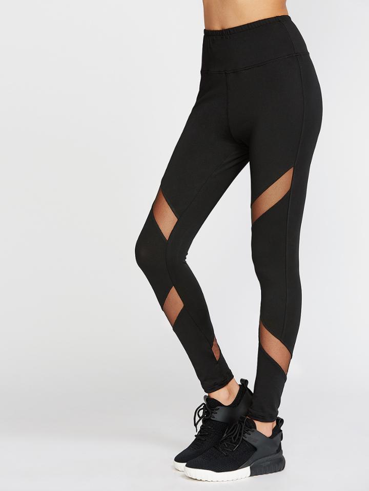 Romwe Black Sheer Mesh Insert Leggings