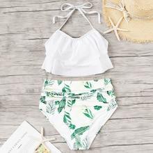 Romwe Layered Halter Top With Random Leaf Bikini