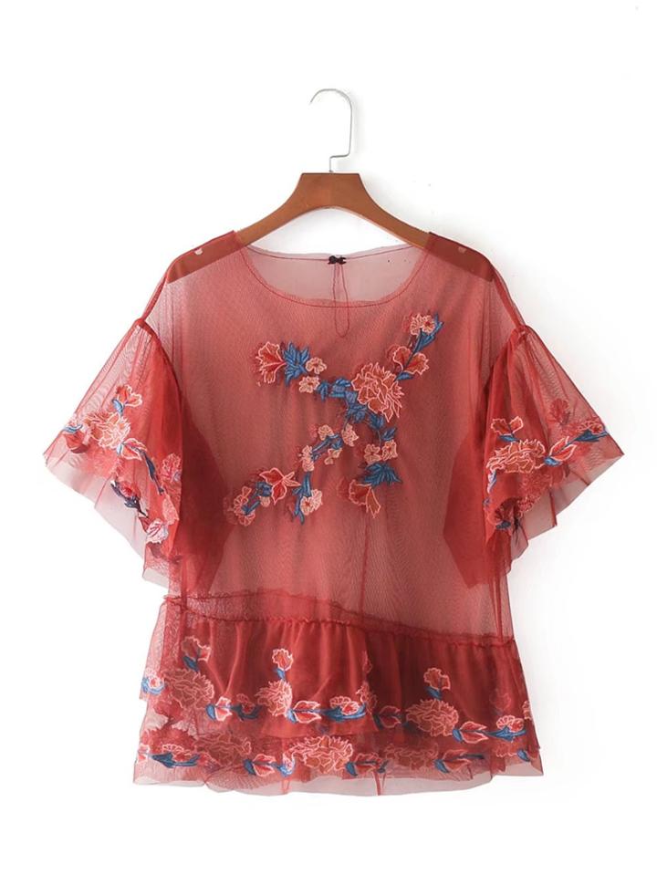 Romwe Embroidery Flower Tiered Mesh Blouse