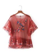 Romwe Embroidery Flower Tiered Mesh Blouse