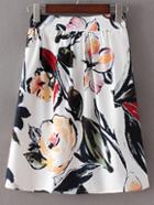 Romwe Multicolor Elastic Waist Ink Flowers Print Skirt
