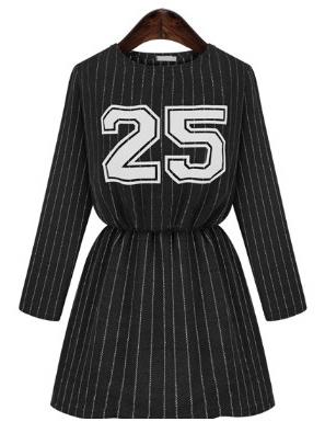 Romwe Long Sleeve Vertical Striped Letter Print Black Dress