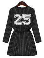 Romwe Long Sleeve Vertical Striped Letter Print Black Dress