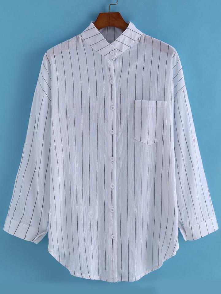 Romwe Stand Collar With Pocket Vertical Striped White Blouse