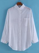 Romwe Stand Collar With Pocket Vertical Striped White Blouse