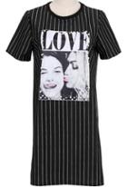 Romwe Vertical Stripe Love Beauty Print Black Dress