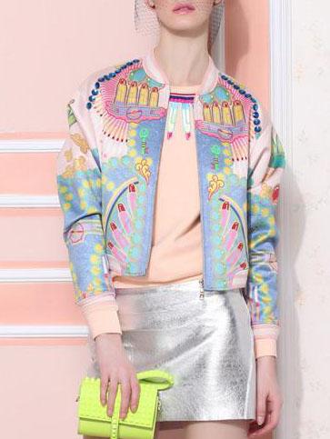 Romwe Graffiti Print Zipper Crop Blue Jacket