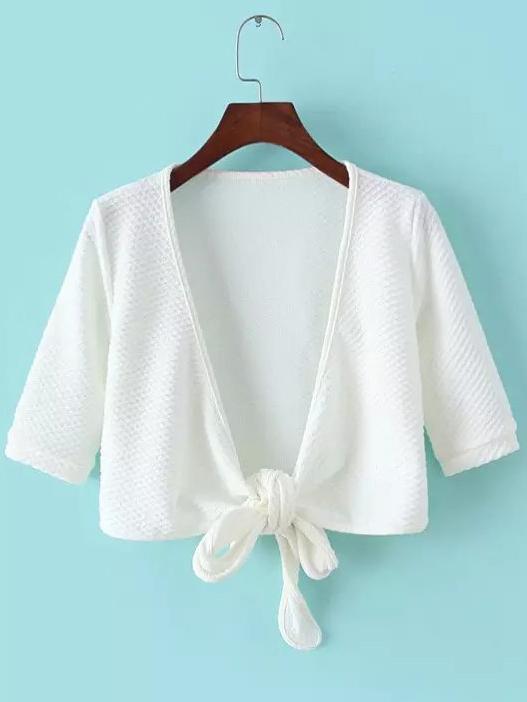 Romwe Deep V Neck Knotted Crop White Coat