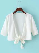 Romwe Deep V Neck Knotted Crop White Coat