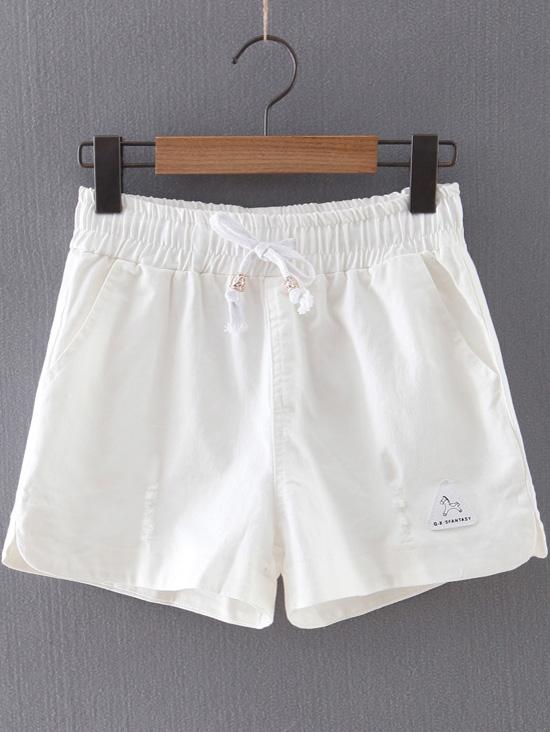 Romwe White Pockets Ripped Hole Elastic Tie-waist Shorts