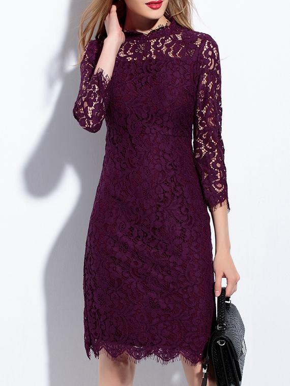 Romwe Purple Crew Neck Lace Sheath Dress