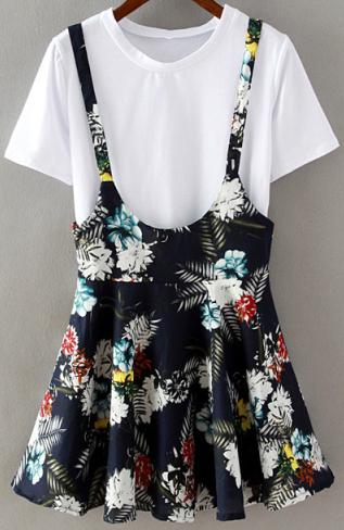 Romwe Short Sleeve Top With Strap Flower Print Pleated Skirt