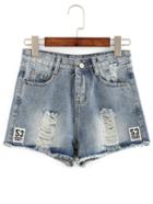 Romwe Number Patch Frayed Denim Shorts