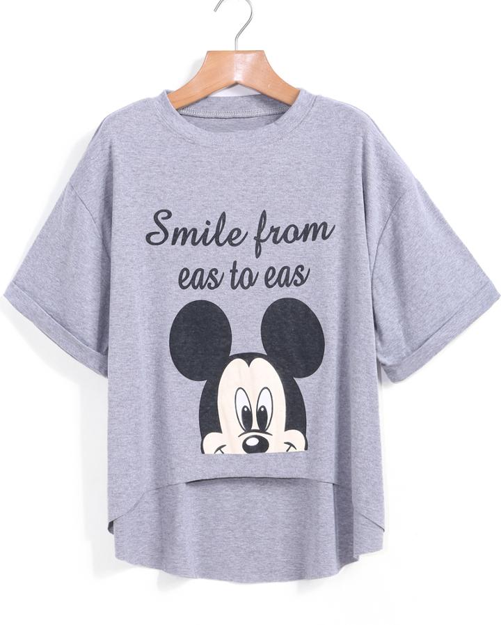 Romwe Dip Hem Mickey Print Grey T-shirt