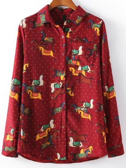 Romwe Horse Print Polka Dot Burgundy Blouse