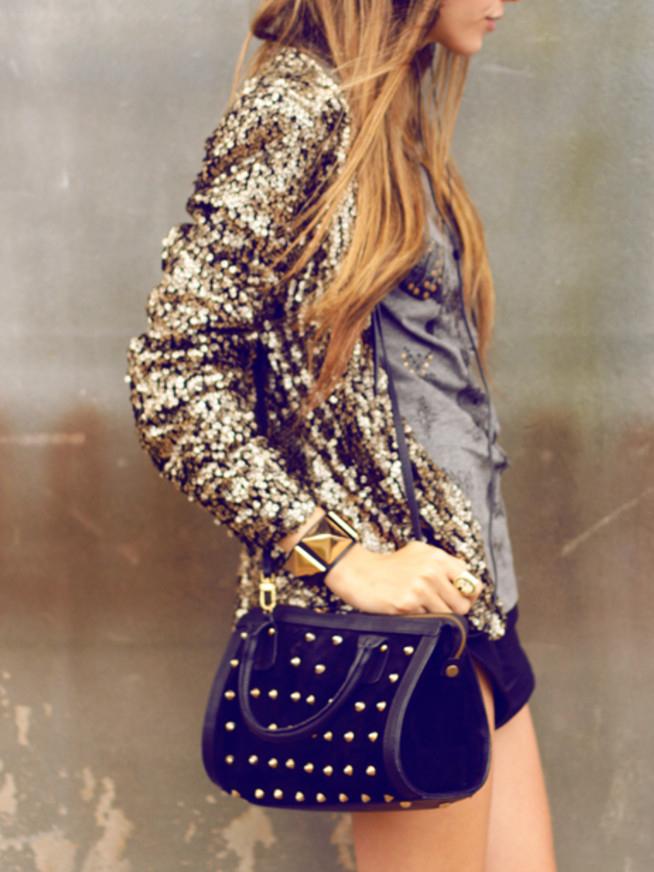 Romwe Women Gold Collarless Sequined Coat