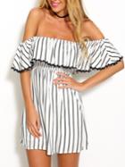 Romwe Ruffled Off-the-shoulder Vertical Striped Dress