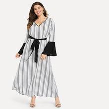 Romwe Plus Bell Sleeve Striped Self Tie Dress