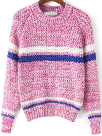 Romwe Striped Chunky Knit Rose Red Sweater