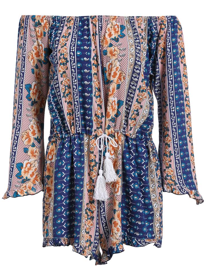 Romwe Off The Shoulder Florals Drawstring Romper