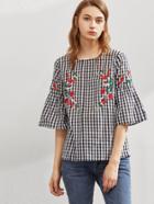 Romwe Symmetric Flower Embroidered Fluted Sleeve Checkered Top