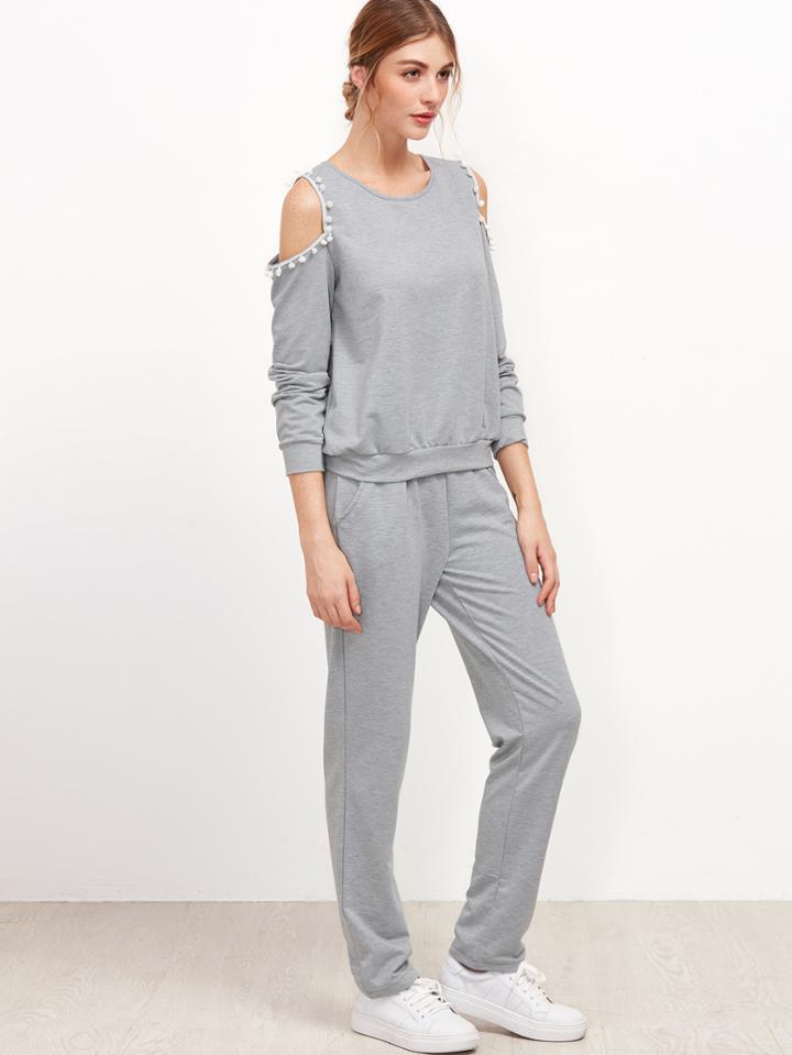 Romwe Grey Cutout Shoulder Pom Pom Trim Sweatshirt With Pants