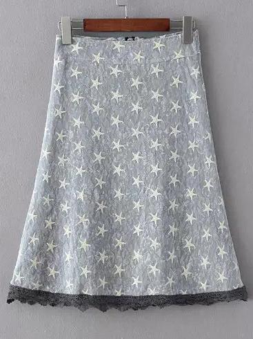 Romwe Stars Print Lace A-line Skirt