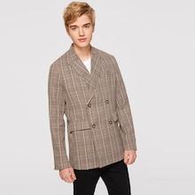 Romwe Guys Notched Collar Double Breast Plaid Blazer
